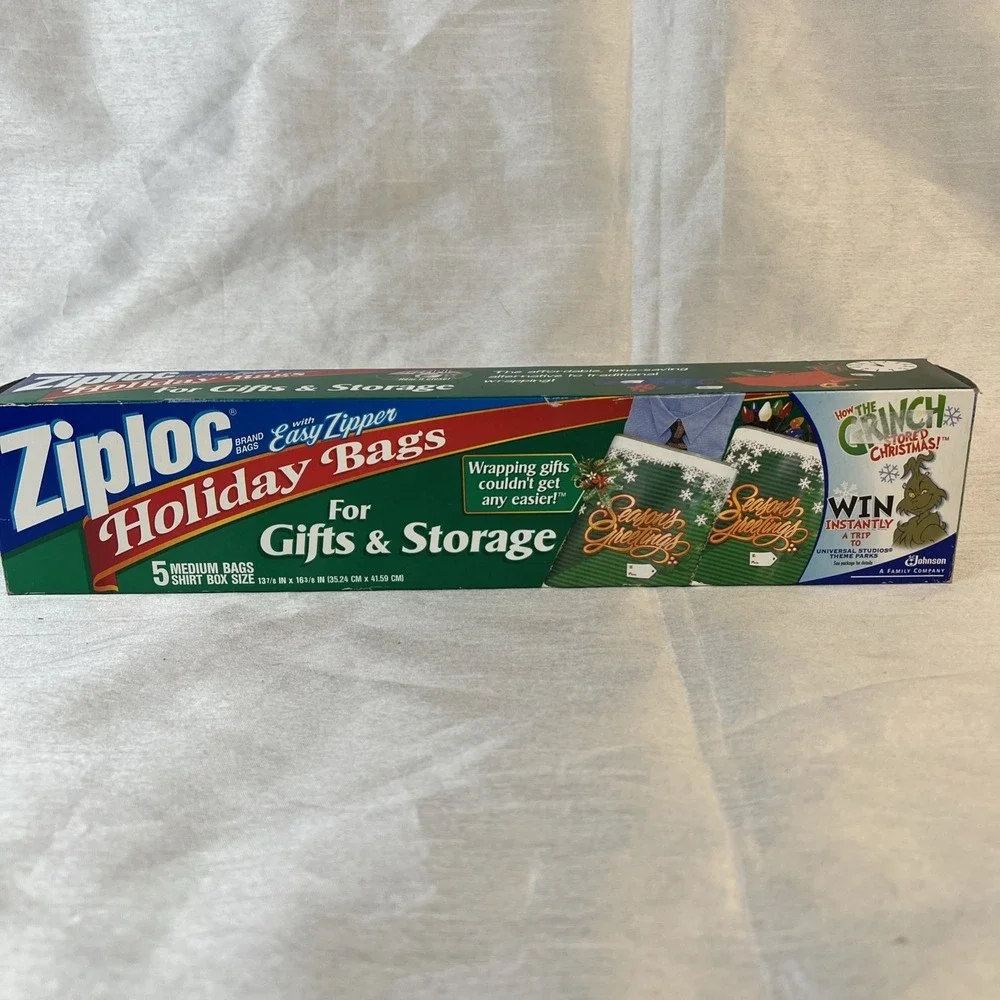 New-Vintage 2000 Ziploc Holiday Bags Easy Zipper 5 Medium Shirt Box Size Holiday